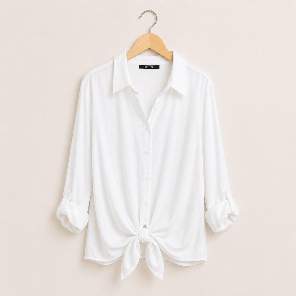 Lightweight Roll Tab Sleeve Tie Front Button Blouse Minimalist Capsule Old Money